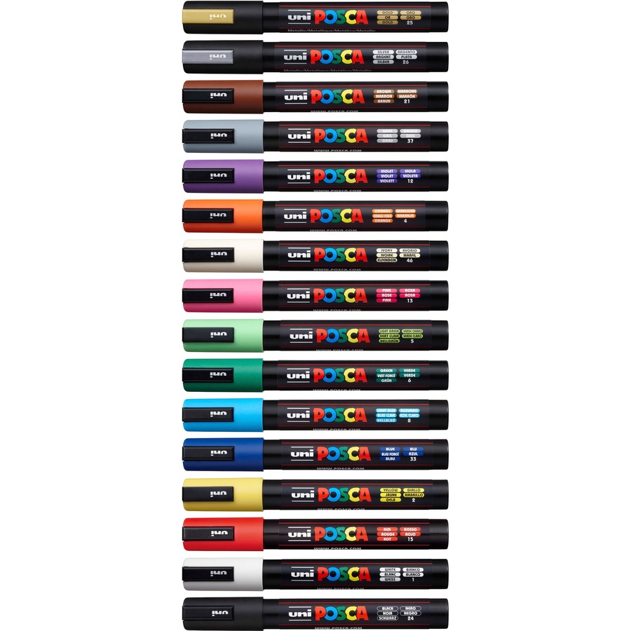 uni® Posca PC-5M Paint Markers - Medium Marker Point - Beige, Black, Blue,  Brown, Gold, Green, Gray, Light Blue, Light Green, Orange, Pink,  Water  Based, Pigment-based Ink - 16 / Pack 
